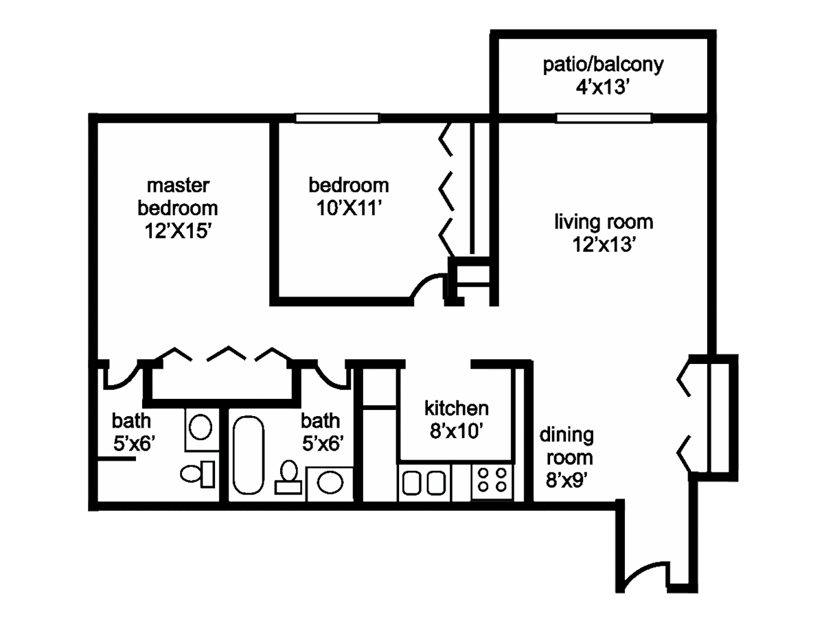 Floor plan of a two-bedroom apartment, with dimensions labeled for each room, including a patio/balcony.