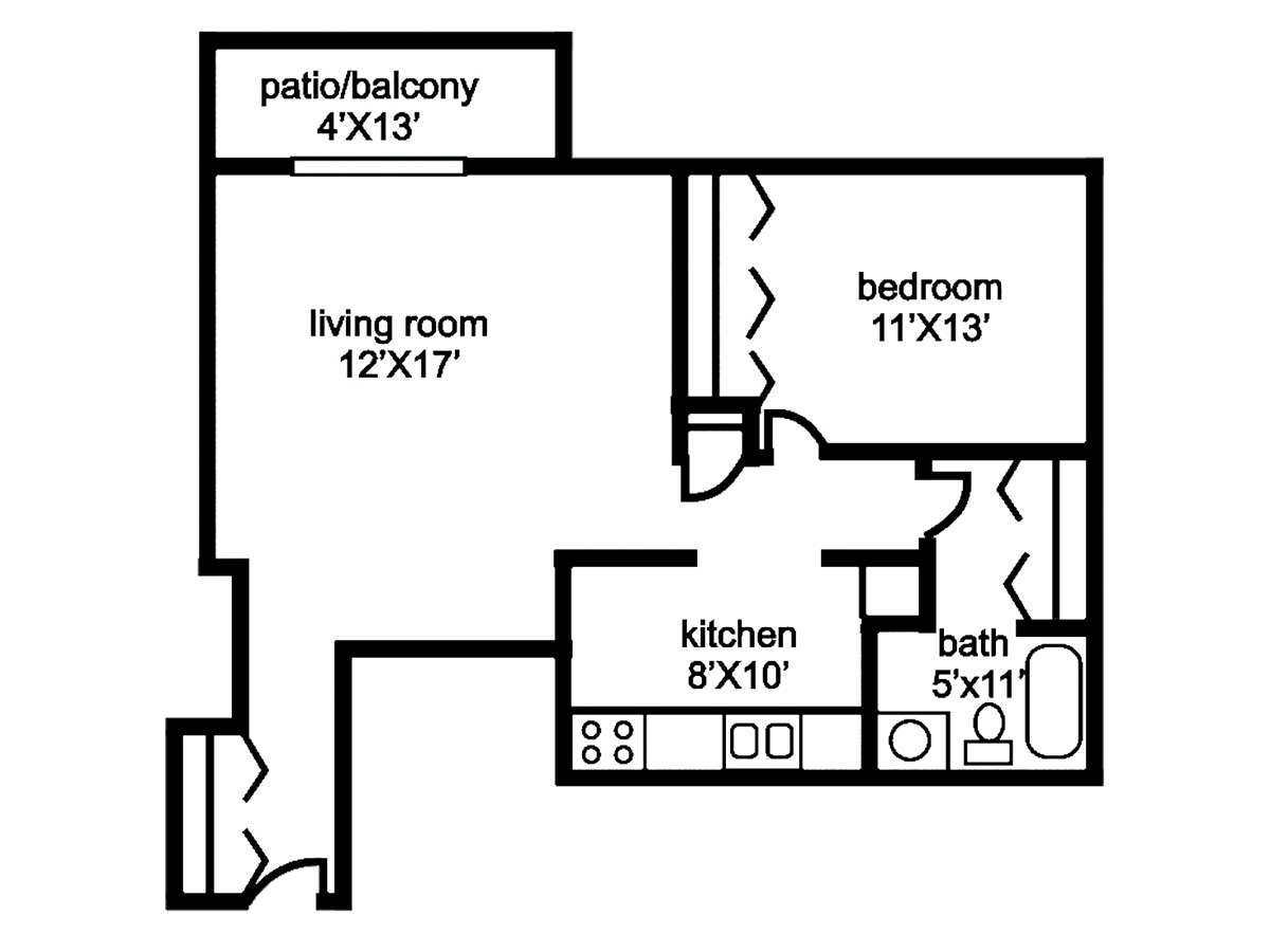 Floor plan of a one-bedroom apartment with living room, kitchen, bedroom, bath, and patio/balcony.