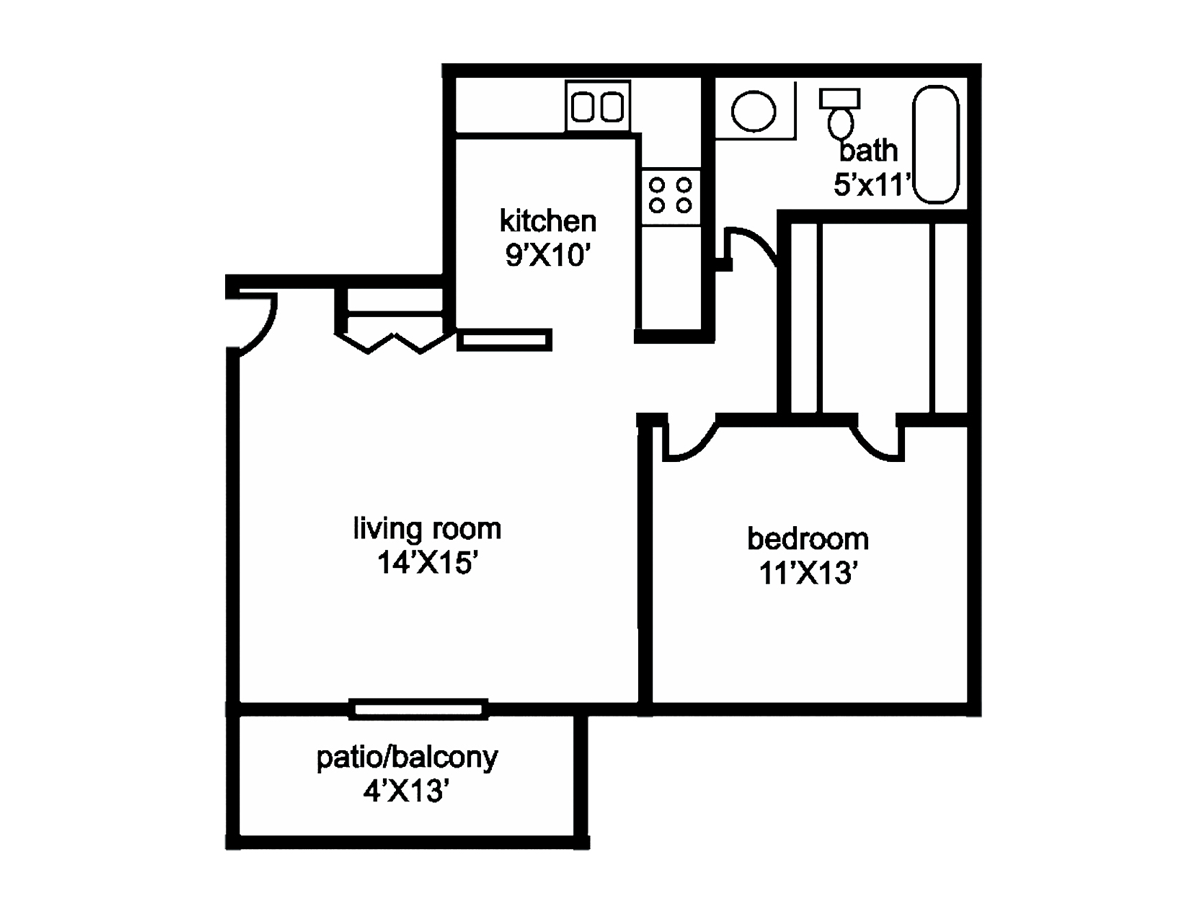 Floor plan of a one-bedroom apartment with a kitchen, living room, bathroom, and patio.