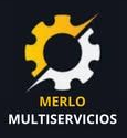 Logotipo: Engranaje amarillo y blanco dividido por una línea diagonal sobre fondo oscuro. Texto «MERLO MULTISERVICIOS» debajo.