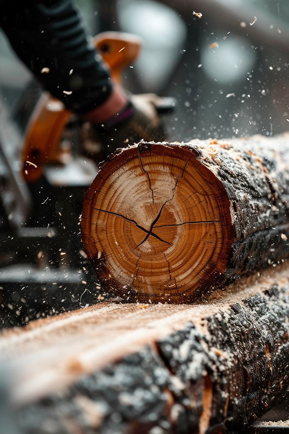 A person is cutting a log with a chainsaw.