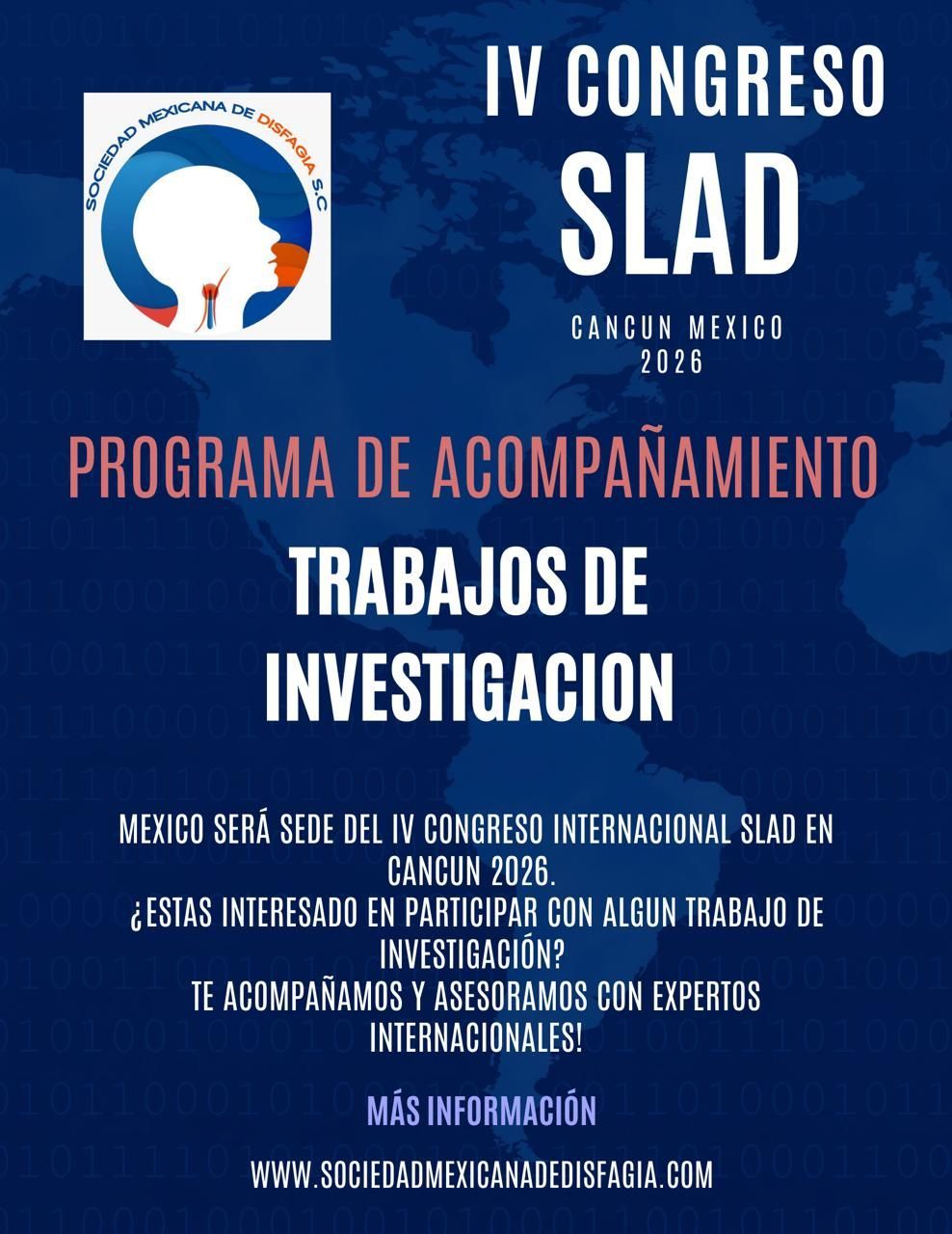 Cartel del IV Congreso SLAD en Cancún, México, 2026. Promoción de un programa de investigación; fondo azul, texto rojo.