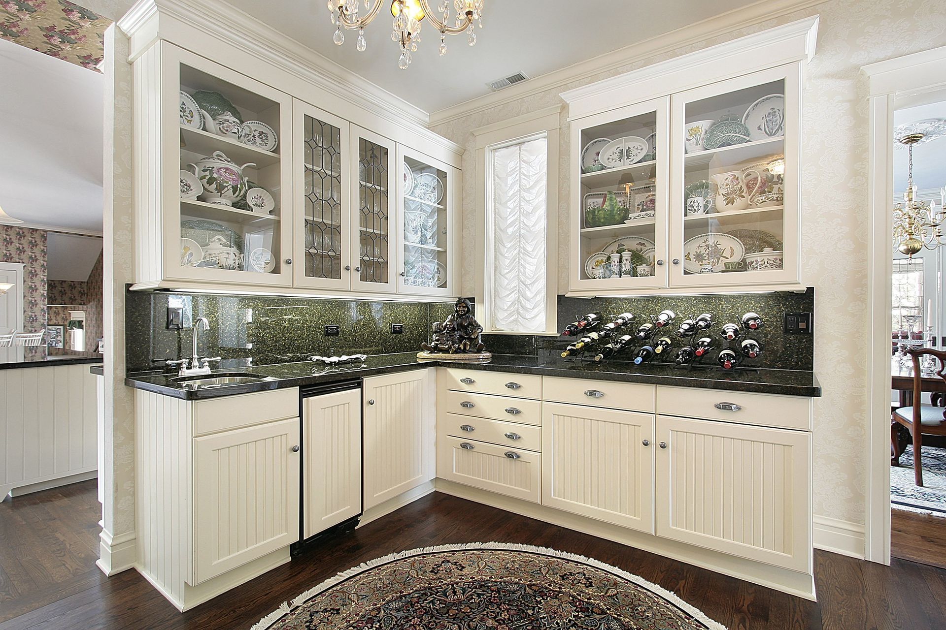 Pantry with glass cabinets
