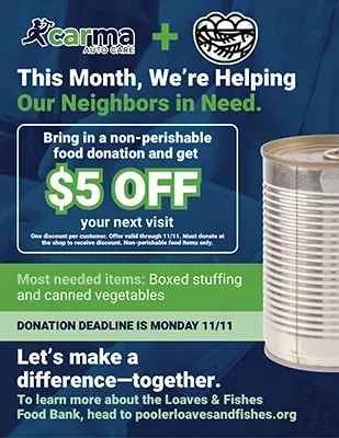 Carma Auto Care promotion: Free brake pads/shoes with brake service. Pink ribbon, logo, donation to Brakes for Breasts.