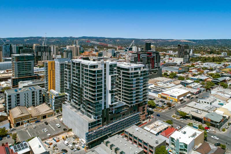 drone photo of tall building