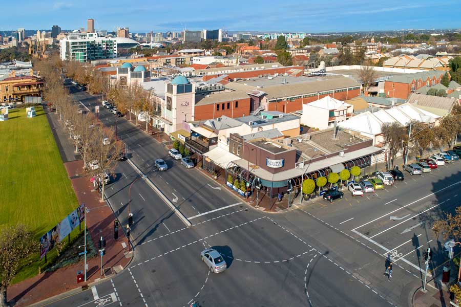 drone photo of shopping centers