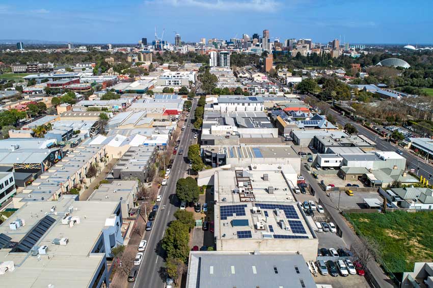 drone photo of the city to downtown