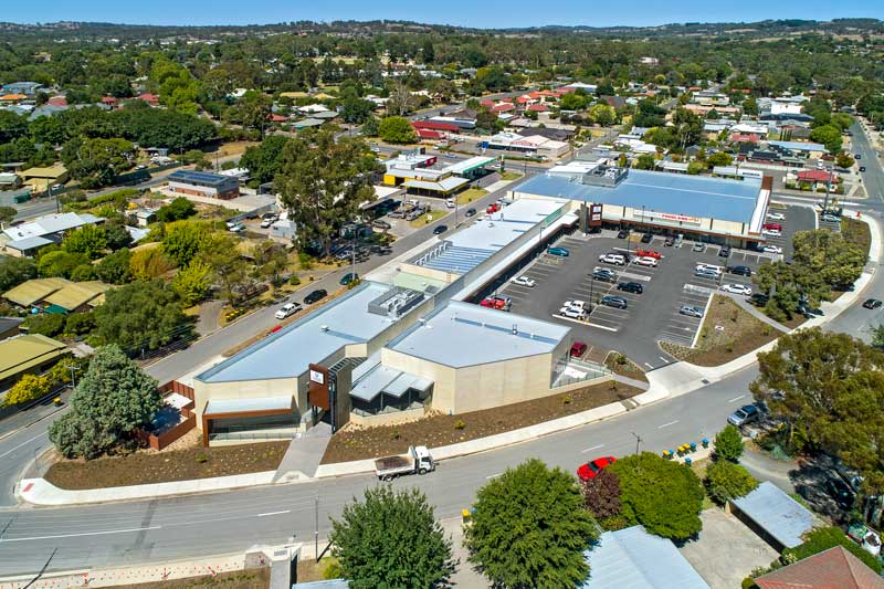 drone photo of shopping area