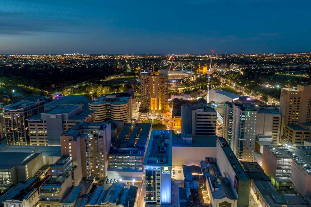 drone photo of downtown at night
