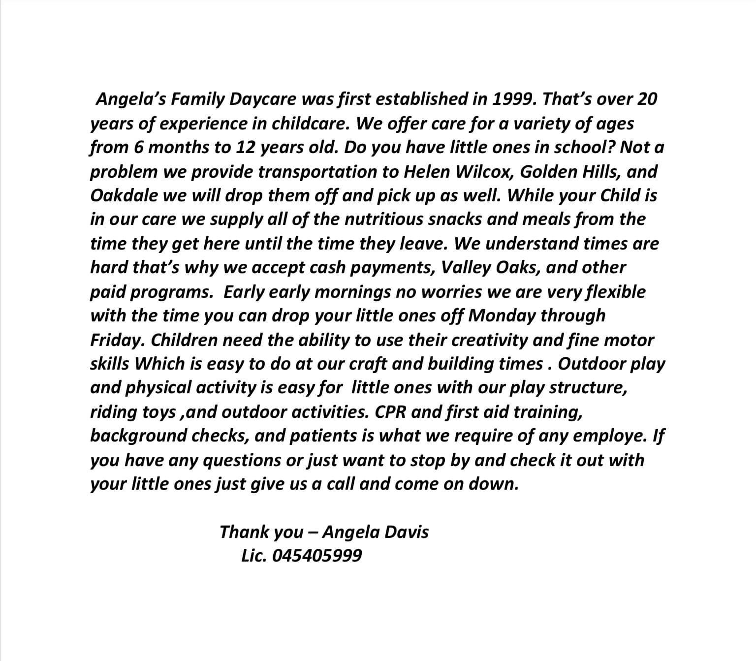 Letter — Oroville, CA — Angela's Family Day Care