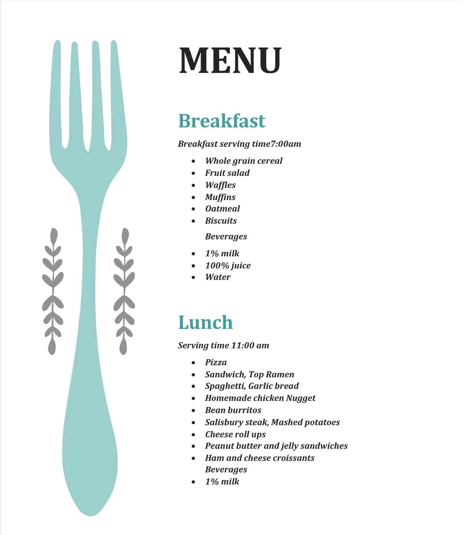 Menu — Oroville, CA — Angela's Family Day Care