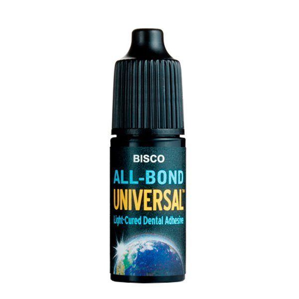 Botella de adhesivo dental fotopolimerizable Bisco All-Bond Universal. Botella negra con etiqueta azul