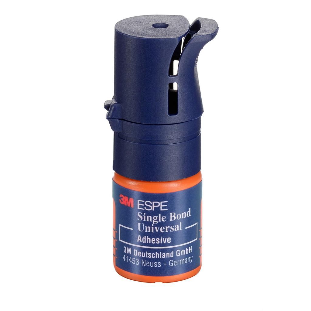 Botella de adhesivo universal 3M ESPE Single Bond, azul y naranja.