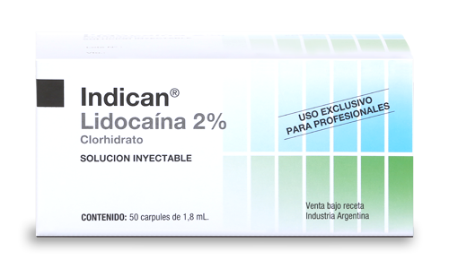 Caja de solución inyectable de Lidocaína al 2% “Indican” para uso profesional.