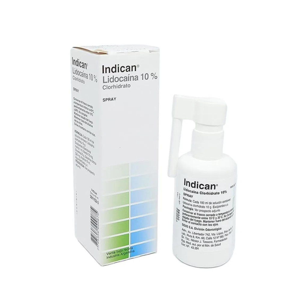 Botella y caja con spray Indican Lidocaína 10% sobre fondo blanco.