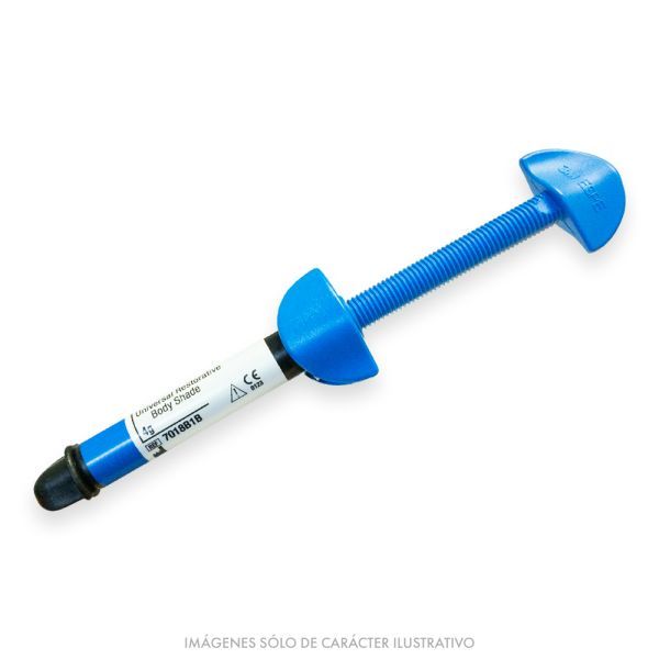 Jeringa dental compuesta de color azul, punta negra, etiqueta blanca, utilizada para rellenar dientes.