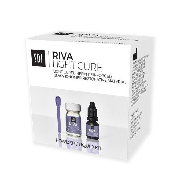 Caja de material de restauración dental Riva Light Cure con polvo, líquido y cuchara mezcladora.