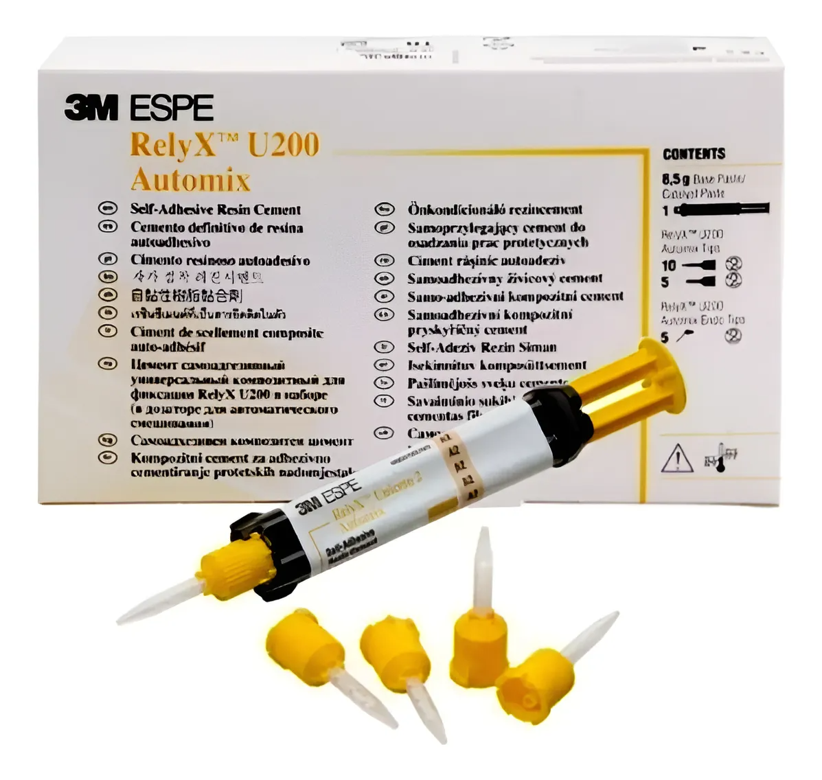 Caja de cemento dental 3M RelyX U200 Automix con jeringa y puntas de mezcla.