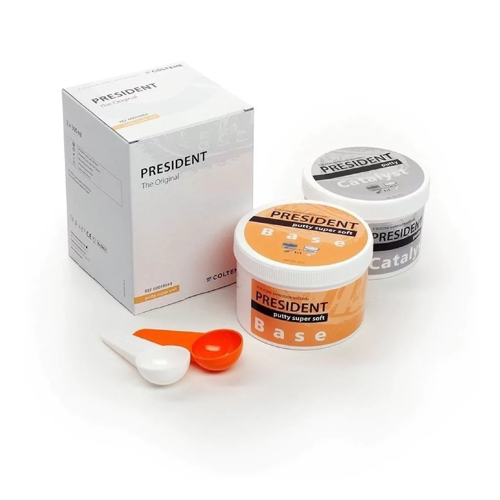 Kit de impresión dental President con caja, recipientes y herramientas de medición.