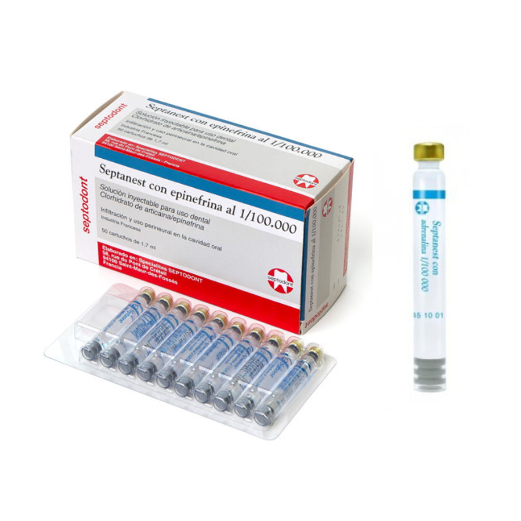 Caja y ampollas de anestésico dental Septanest con epinefrina. Envase blanco y rojo.