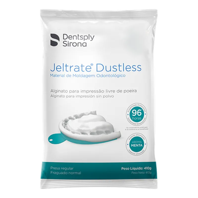 Bolsa blanca de material de impresión dental “Jeltrate Dustless” con sabor a menta y vida útil de 96 horas.