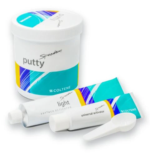 Materiales para impresión dental: masilla en recipiente blanco, activadores ligeros y universales