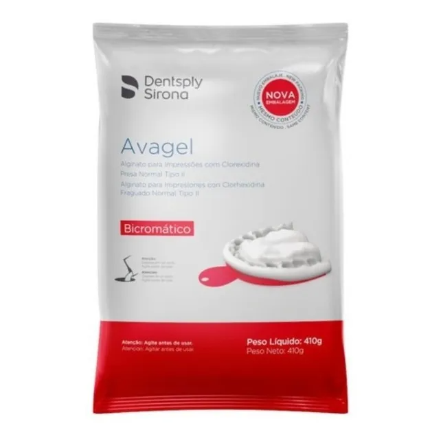 Bolsa de material de impresión dental de alginato Dentsply Sirona Avagel; embalaje blanco y rojo.
