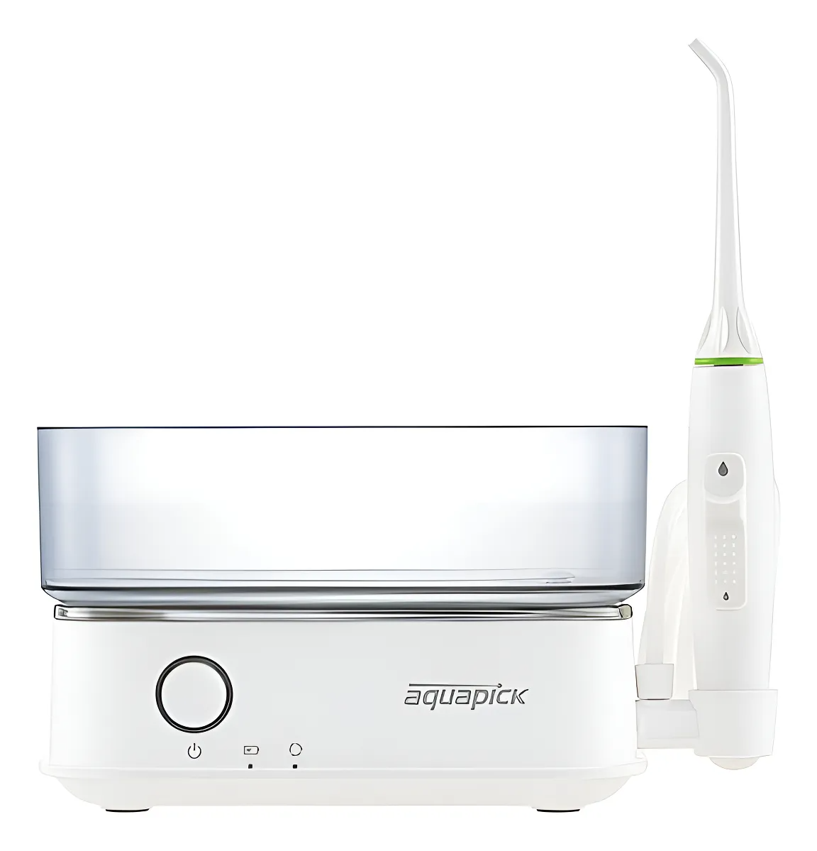 Irrigador bucal AquaPick blanco con depósito de agua, boquilla y controles.