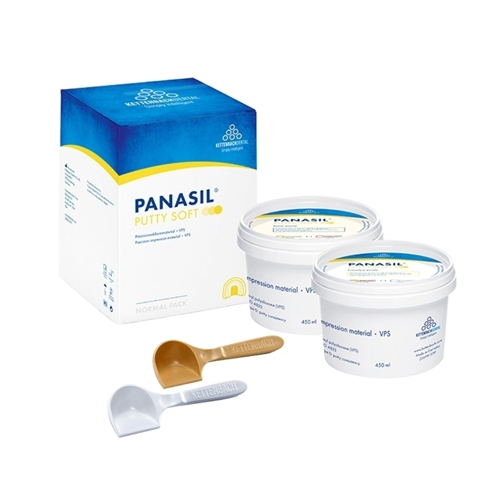 Caja de masilla dental: caja azul, blanca, dos frascos y cucharas medidoras.