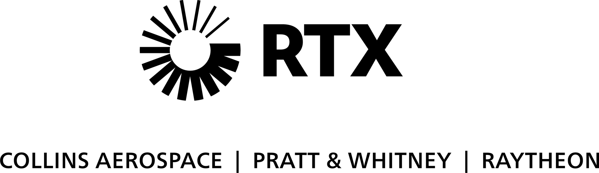 A black and white logo for rtx collins aerospace pratt & whitney raytheon