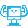 A cartoon illustration of a computer with a face and muscles.