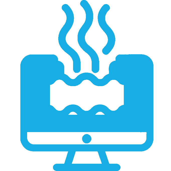 a blue icon of a computer with steam coming out of it .