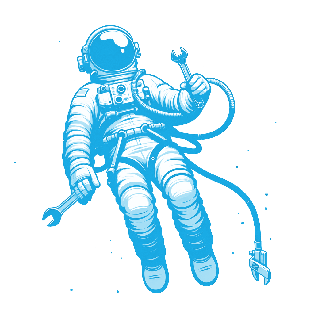 an astronaut is holding a wrench and a hose while floating in space .