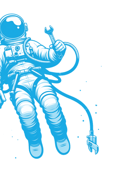 An astronaut is holding a wrench and a hose while floating in space.