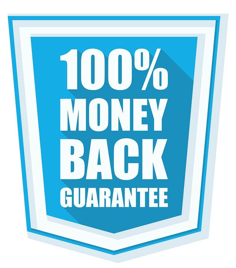 A blue shield with the words `` 100 % money back guarantee '' written on it.