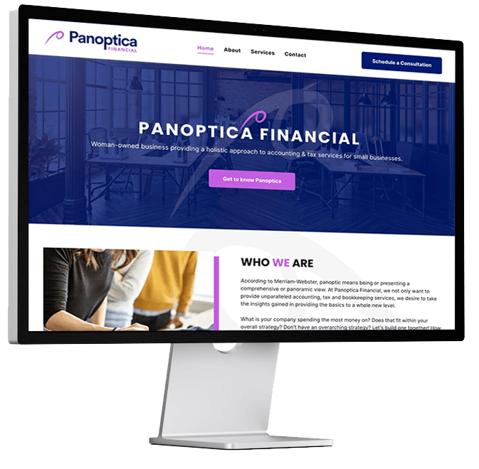 A computer monitor is displaying a website for panoptica financial