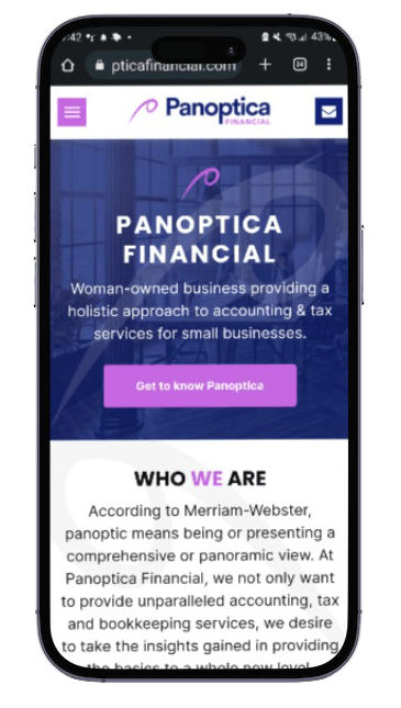 A phone is open to a page that says panoptica financial