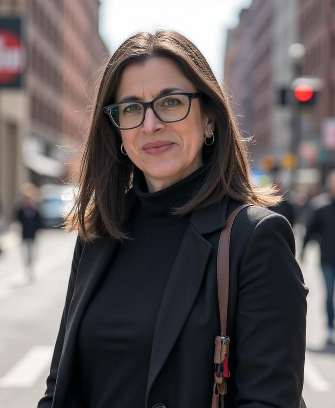 A woman with medium length brown hair and glasses with dark frames stands on a city street, dressed in black professional attire and carrying a brown shoulder bag as she looks directly into the camera with a slight smile.