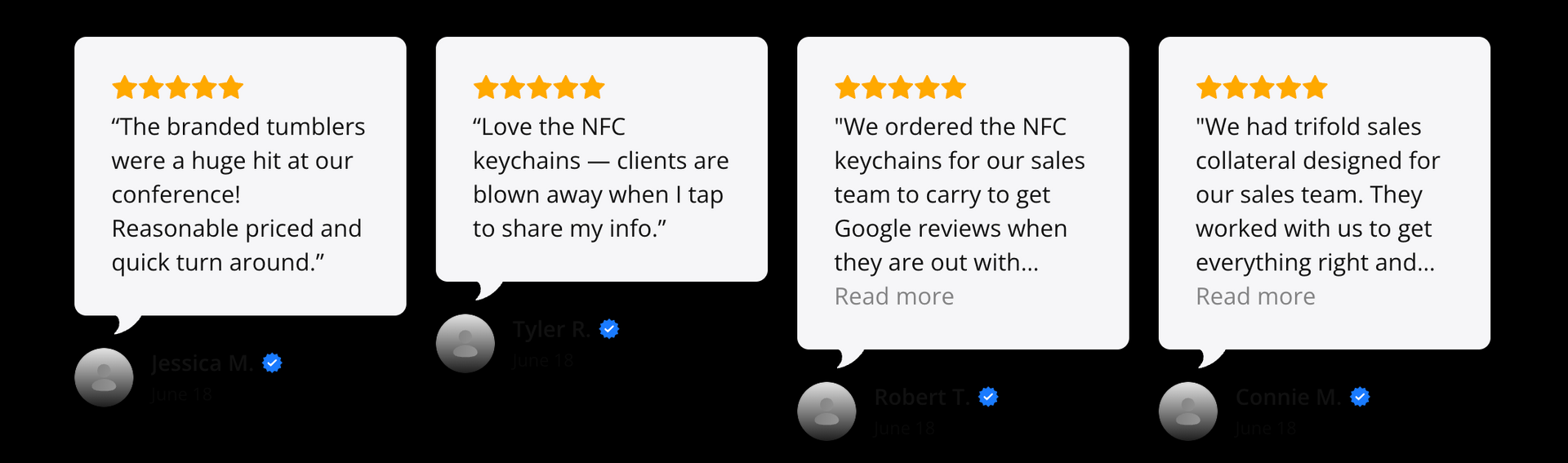 A row of speech bubbles with reviews on them on a black background.