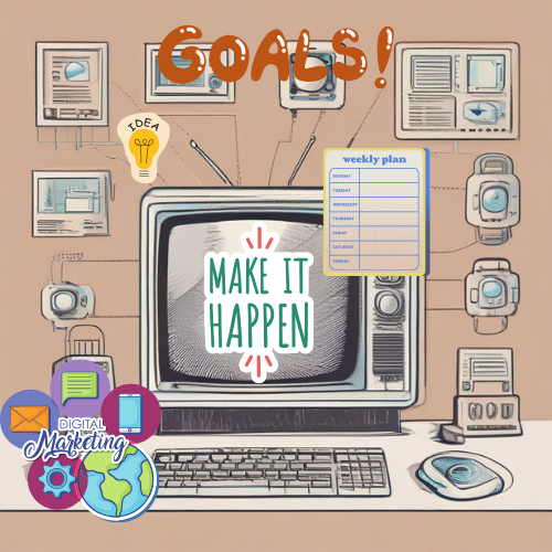 An illustration of a computer with the words make it happen on the screen