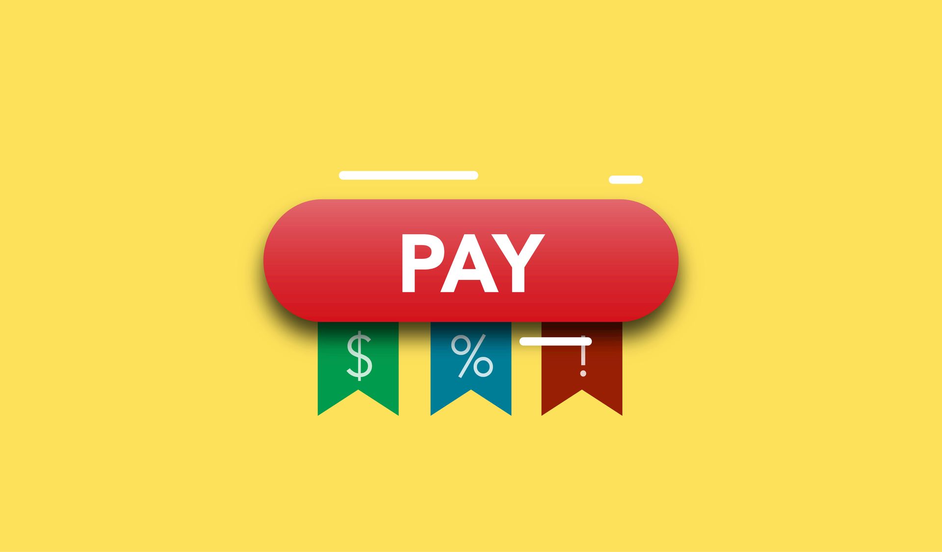 A red pay button with three ribbons on a yellow background.
