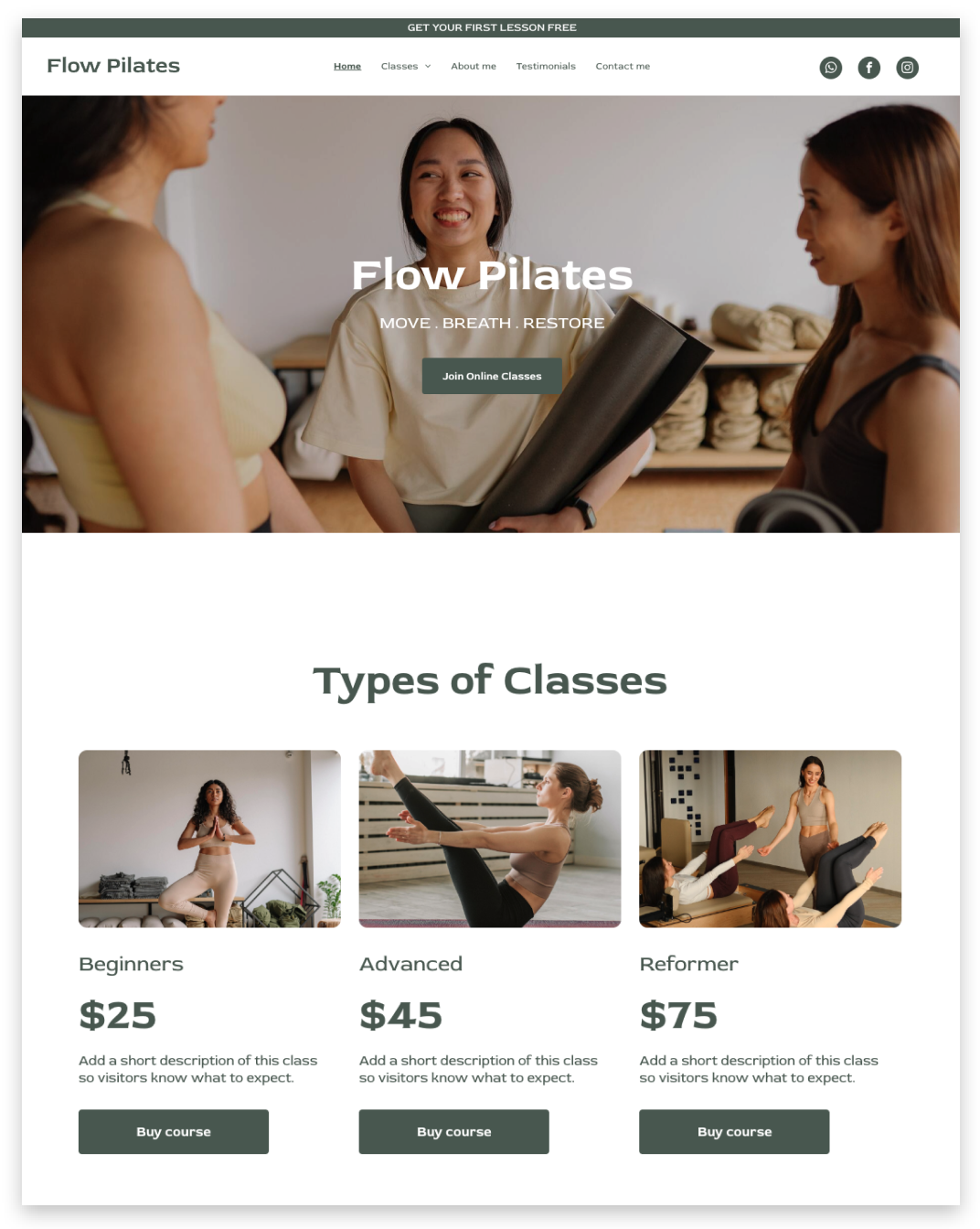 Flow Pilates website with diverse women. Classes: Beginners, Advanced, and Intremediate.