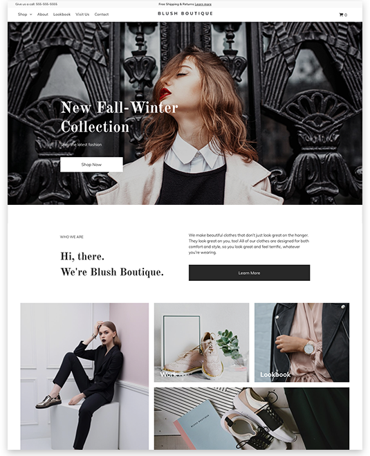 Blush Boutique website homepage with a woman in a white coat and black clothing, welcoming message, and product previews.