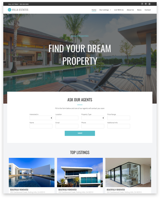 Real estate website homepage: luxury home with pool, form for contacting agents, top listings.