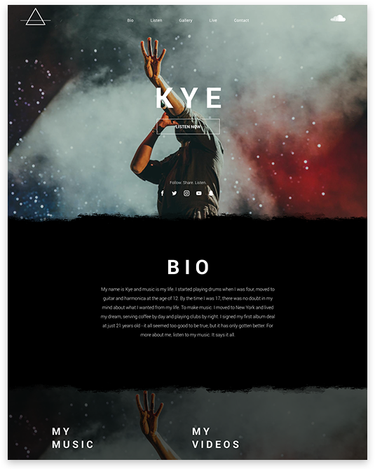 Website: Kye, singer with outstretched arm, black and white with red and blue background.