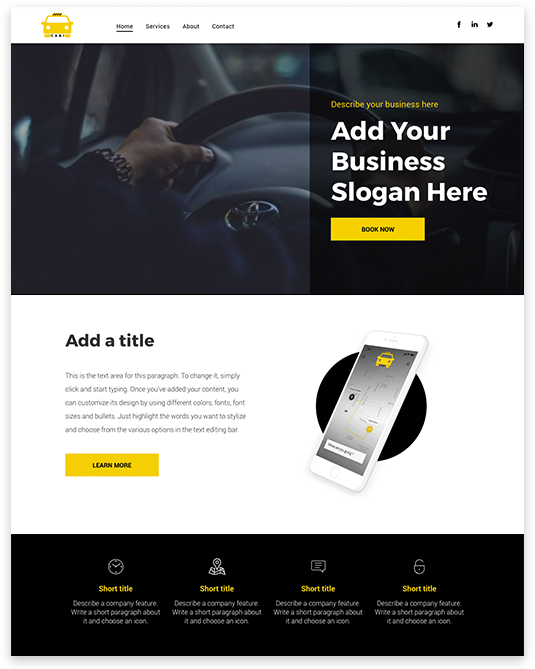 Taxi website homepage with car dashboard background, mobile app graphic, and business slogan section.