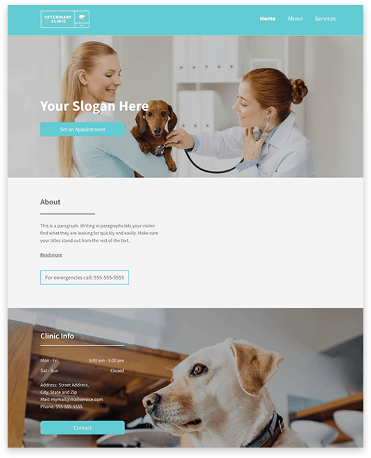 Website home page with a vet examining a dog; includes text and clinic info.