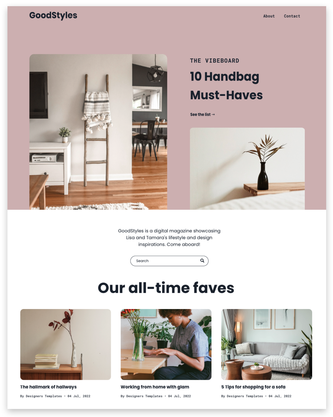 GoodStyles website homepage: Interior design blog with features and favorites.