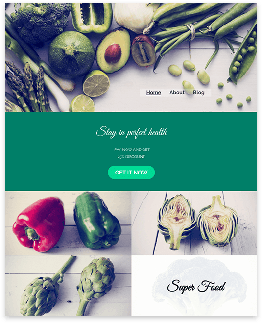Fresh produce, website landing page, green and red peppers, artichokes, avocado and limes.