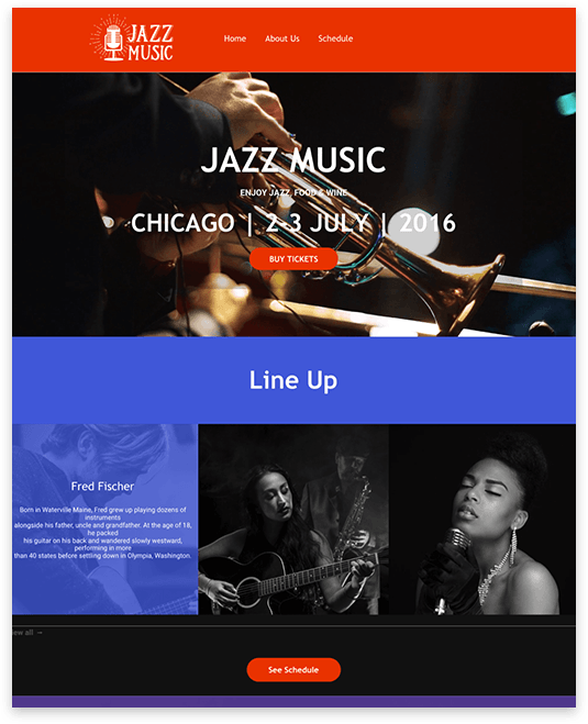 Jazz music festival website. Chicago, July 2016, with photos of musicians and “buy tickets” button.